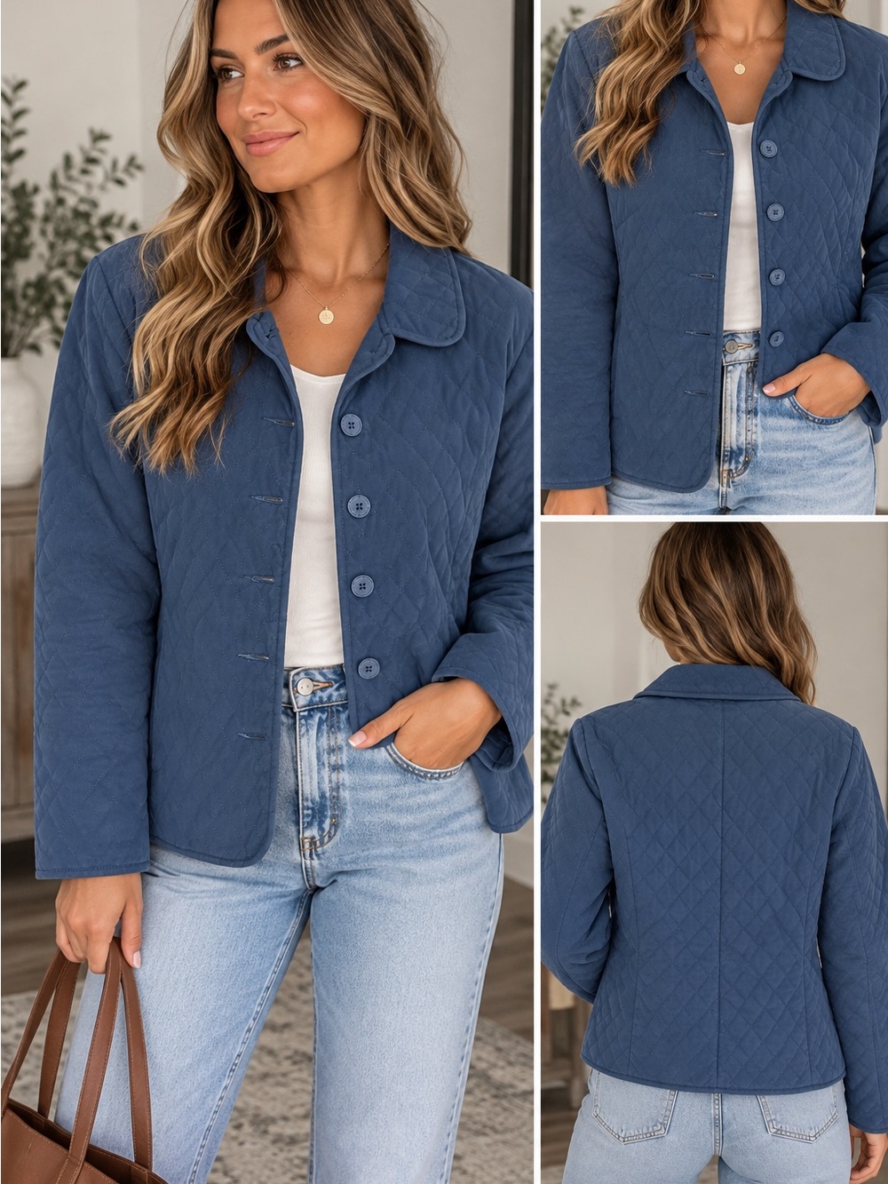 Christopher & Banks Quilted Barn Lightweight Button-Front Jacket - Blue. L